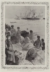 De koninklijke wacht-schepen in Dublin Bay, het vlaggenschip groet de pinas van de Lord Lieutenant die terugkeert van een bezoek